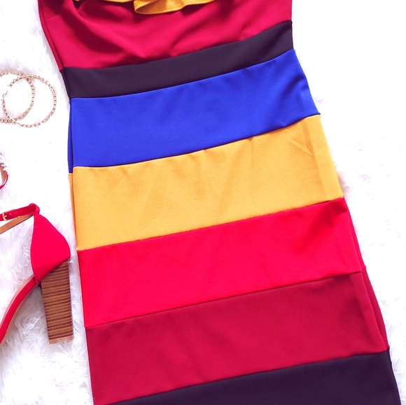 Multicolor Rainbow Stripe Off the Shoulder Dress - Picture 8 of 8